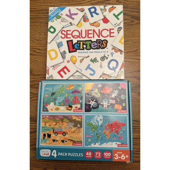 Lot of 2! SEQUENCE Letters game and a Chuckle & Roar 4-Pack of‎ Puzzles - Picture 1 of 3